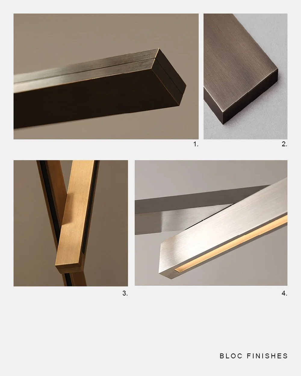 Material in Focus | Finishes in Detail
Materiality is central to the Bloc Pendant.
Available in Blackened Patina (1), Bronze Patina (2), Aged Brass (3), Brushed Aluminium (4), each finish offers a distinct expression — from raw contemporary m