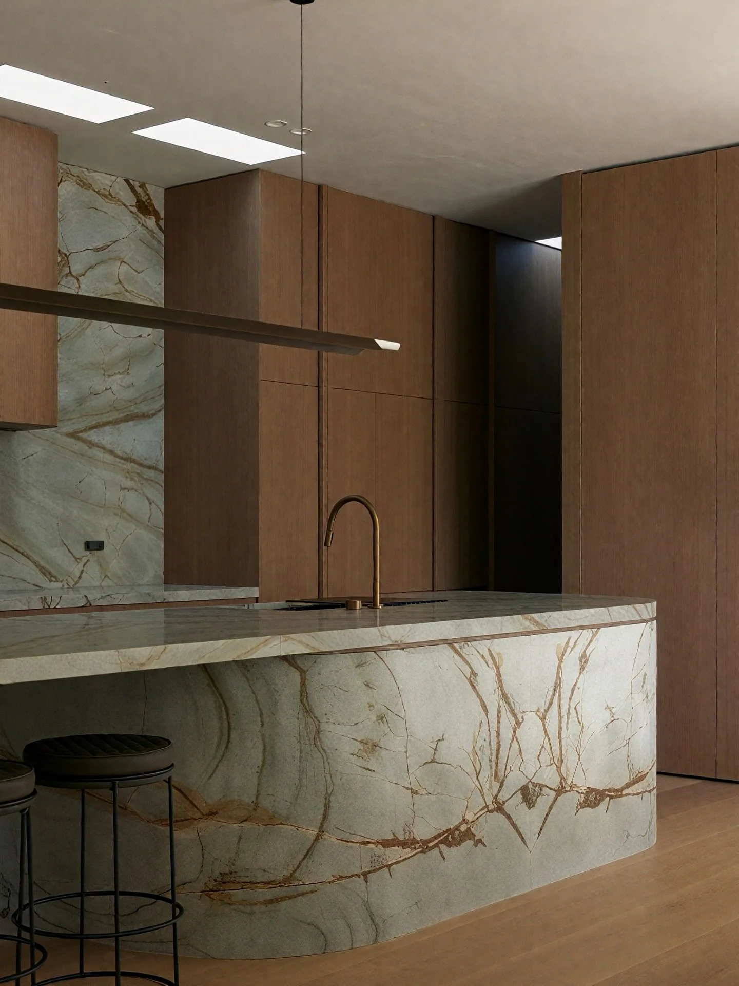 Formation Linear Pendant in Bronze Patina + Unfilled Travertine
A Spectacular Kitchen design by Mason Bright Architects, working with one of our trusted lighting showrooms @lightslightslights_au

Architecture &amp; Interiors: @masonbright__architects