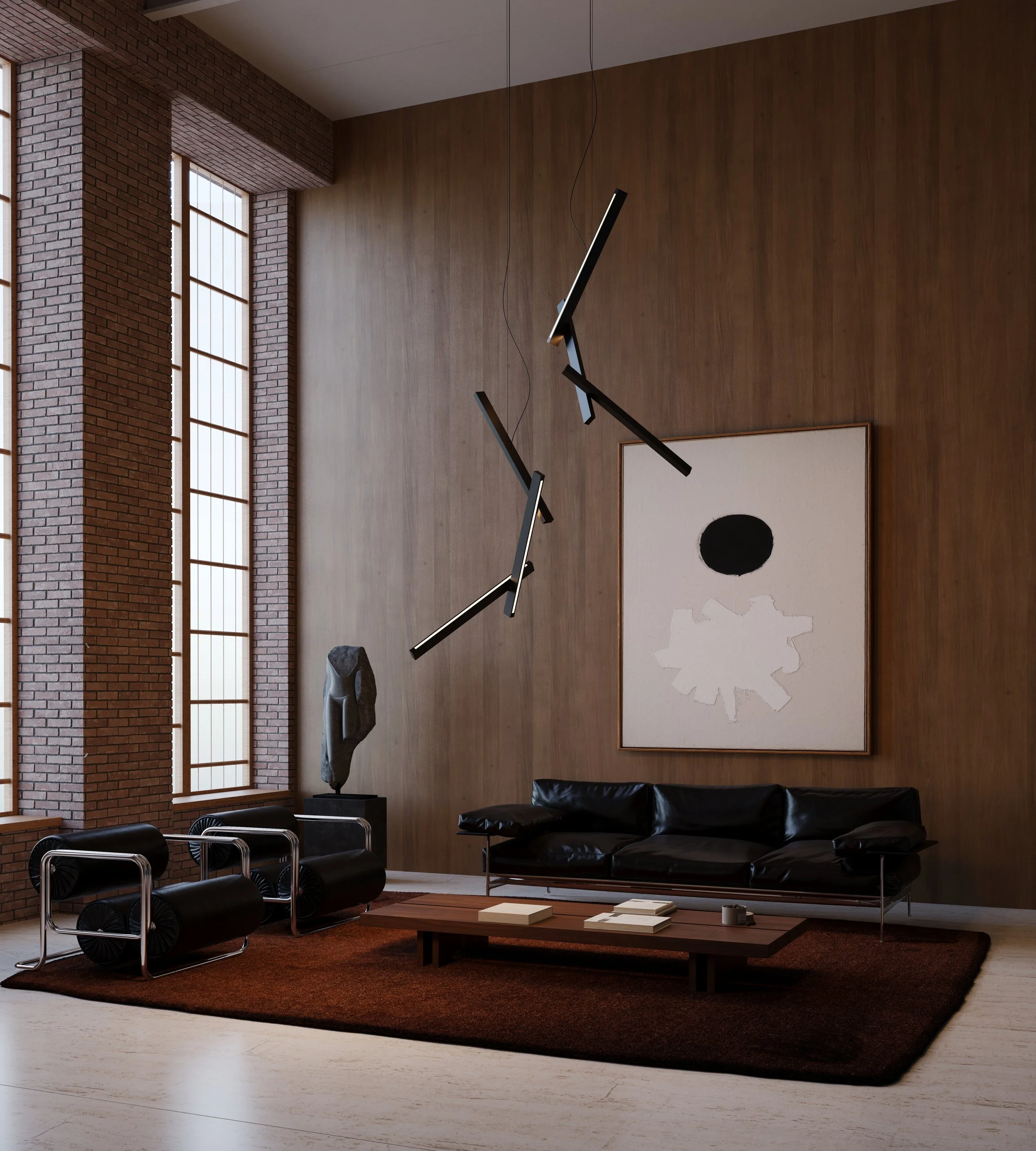 Vertical pendant light in contemporary living room
