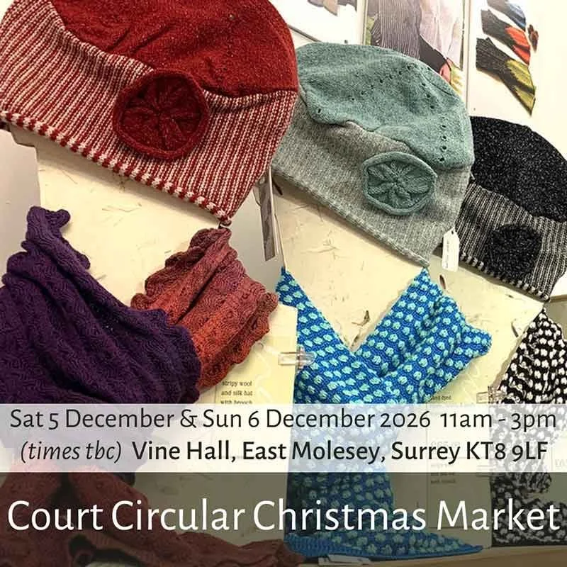 The image shows a small selection of my knitted and dyed scarves and hats