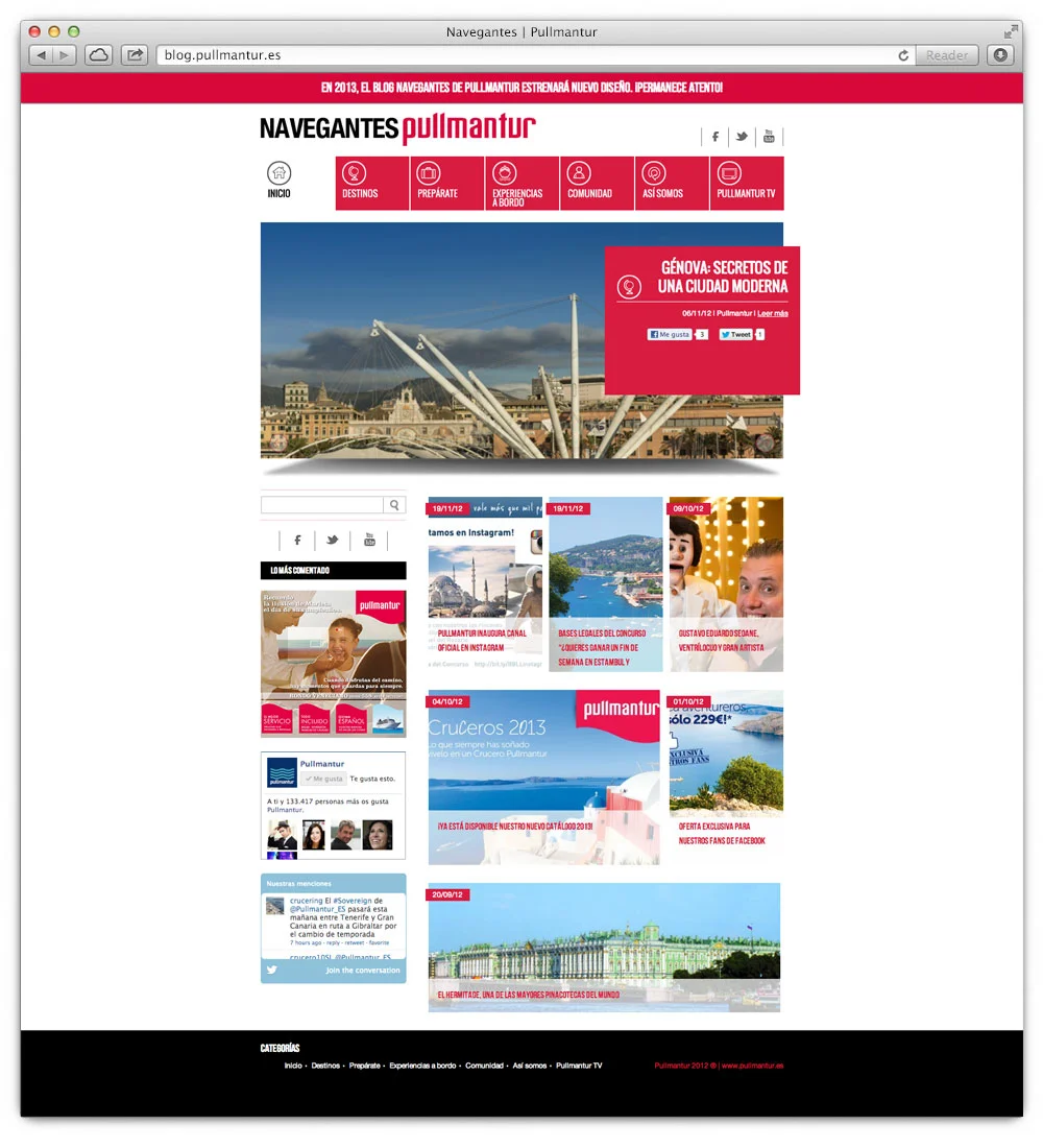 The existing blog had too many sections for the amount of content available, requiring unnecessary steps to reach the information. The layout lacked consistency across the site and narrow columns created problems with cropped images and headlines. The client felt it looked outdated and confusing. EL PUNTO DE PARTIDA: DISEÑO EXISTENTE El blog tenía demasiadas secciones para el contenido existente, requiriendo clics innecesarios para acceder a la información. El layout era inconsistente en las distintas secciones y el uso de una retícula demasiado estrecha generaba problemas al quedar cortados titulares e imágenes. En general, el cliente sentía que el sitio necesitaba mayor orden y un aspecto más actual.