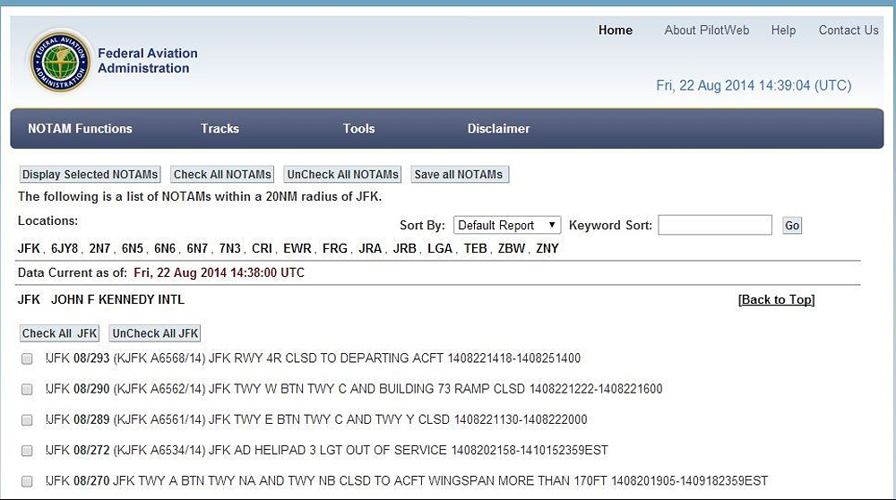 Sample NOTAM (Notice To Airmen) for JFK Int.