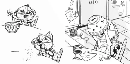 After the spreads are approved, Christina begins by refining the sketch into clean line work.