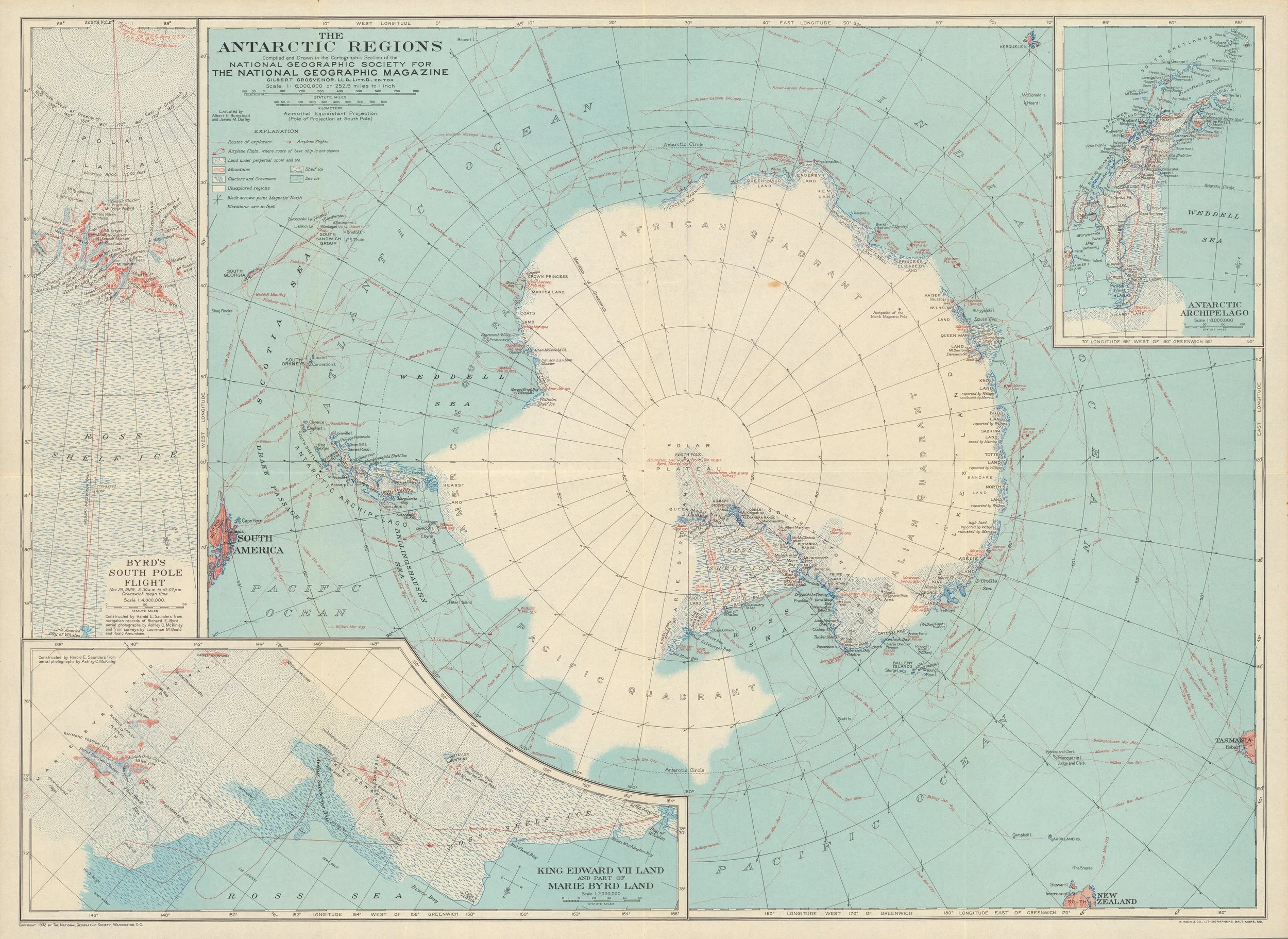1932 National Geographic Map of Antarctica — Beyond the Mountains of