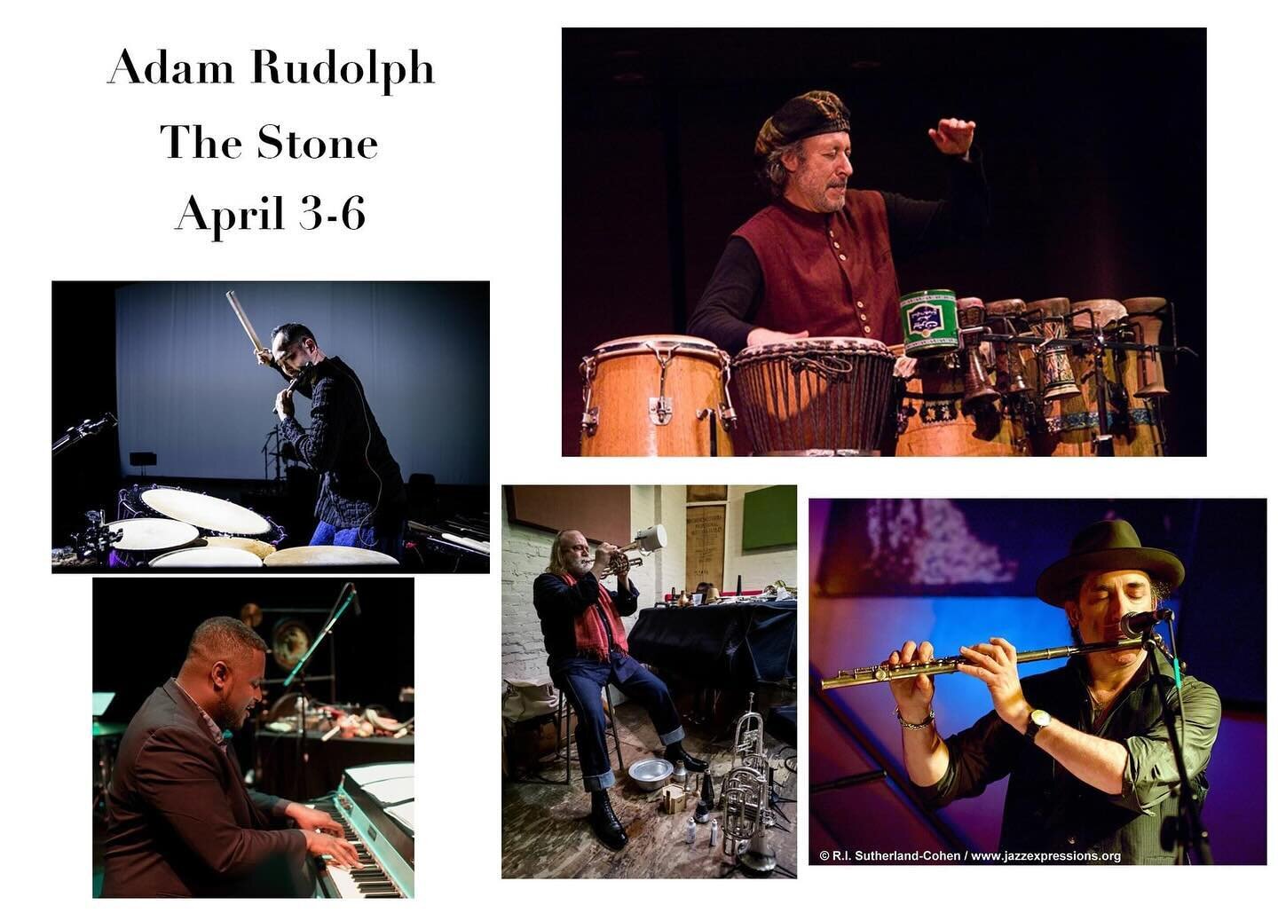 I&rsquo;ll be playing three nights next week at The Stone with the great Adam Rudolp next week. He and I will be playing duo Thursday night and will be joined by Stephen Haynes and Alexis Marcelo Friday and Saturday. 

I first met the great Adam Rudo