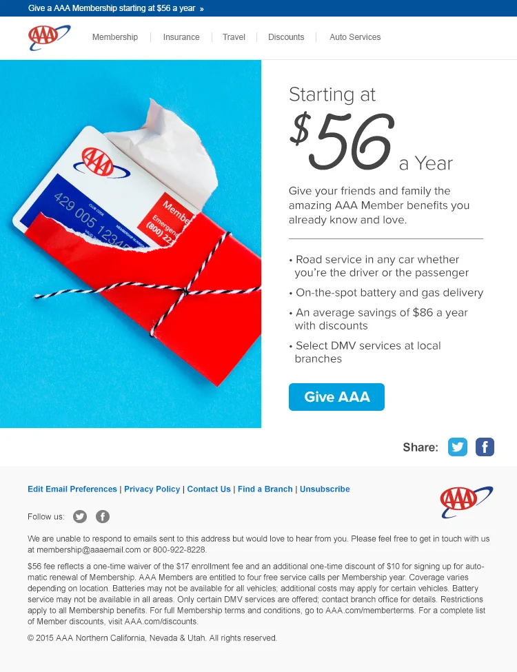 Email to current AAA Members to give the gift of AAA