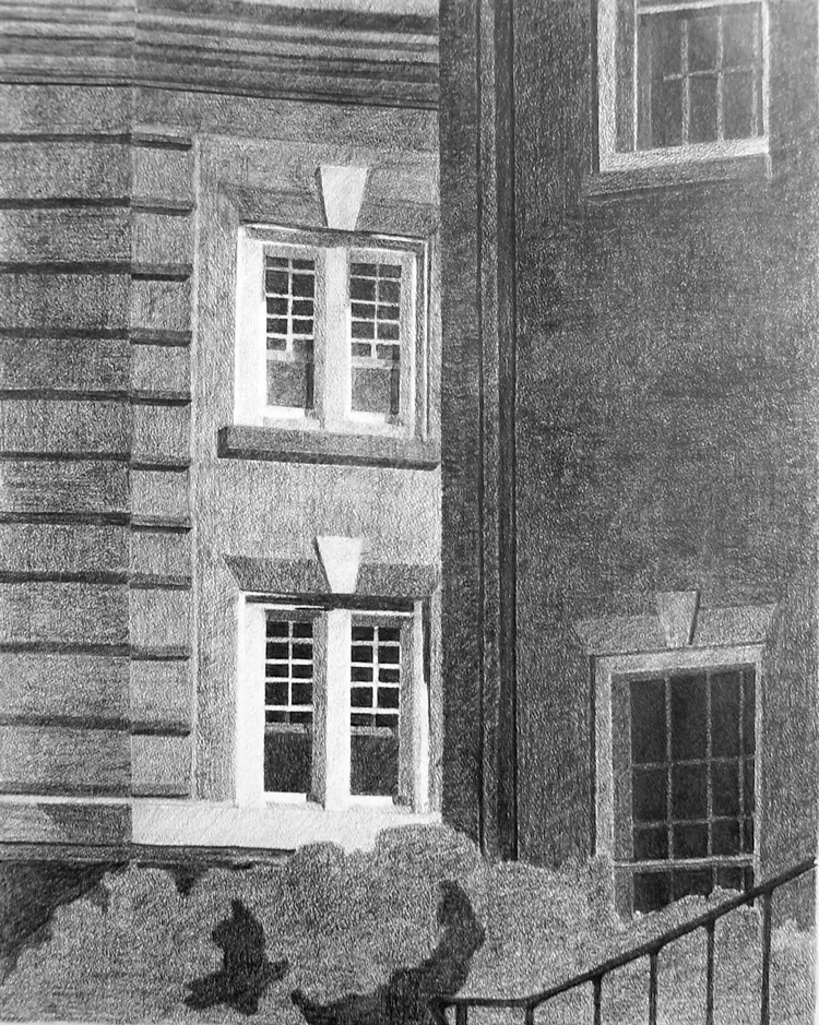   This piece was a study in creating a scene with only shapes.   There are no lines drawn in this piece, only shapes with different shades.  