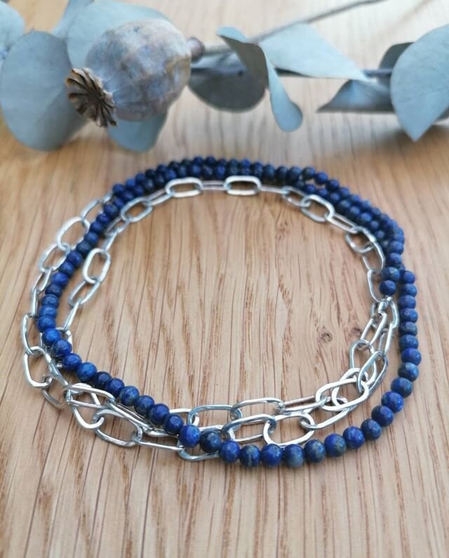 Morning! Can't get enough of this beautiful blue. Here's a quick snap I took before this necklace went on its merry way. Lapis lazuli beads and handmade eco-silver chain. Enjoy the sunshine ☀️