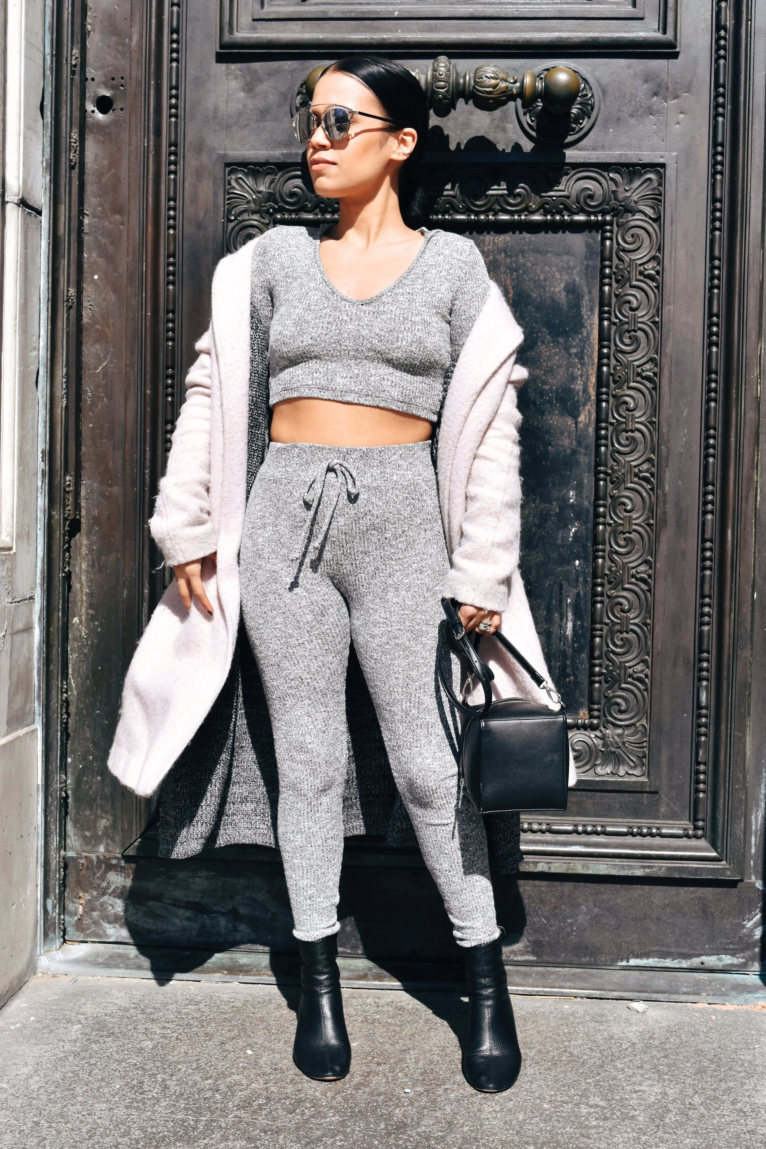 Fashion Nova grey set | ASOS booties | Dior sunnies | Overcoat from Urban Outfitters