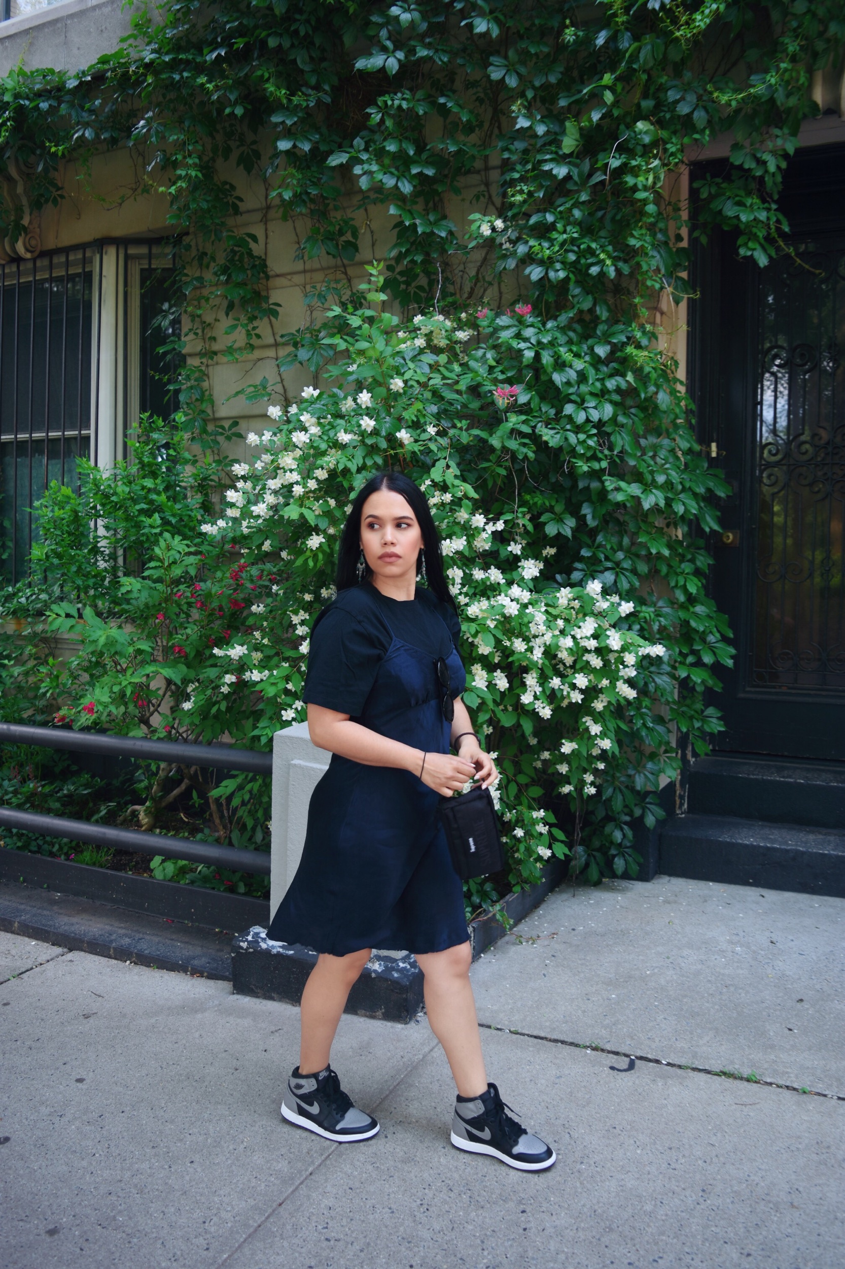 Silk Dress: Club Monaco | Zara T-shirt | Supreme Pouch | Nike Air Jordan 1 Shadows