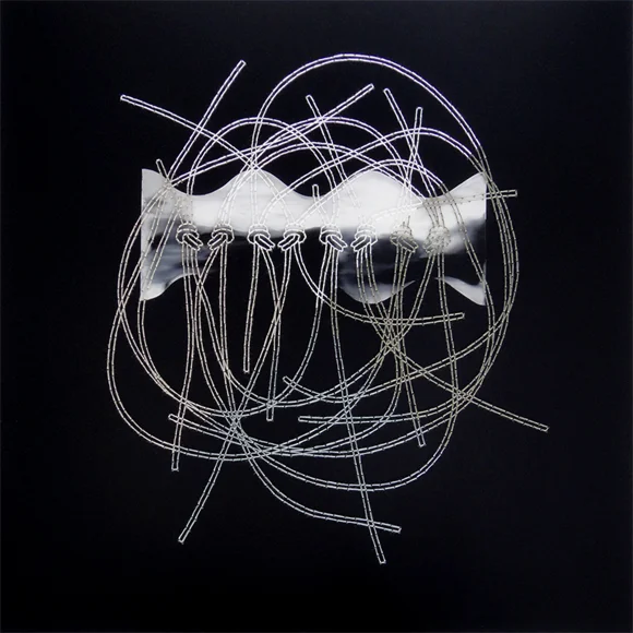  2015,&nbsp; Tango 2-4,&nbsp; textile embroidery through plexiglass, latex paint, 18 x 18" 
