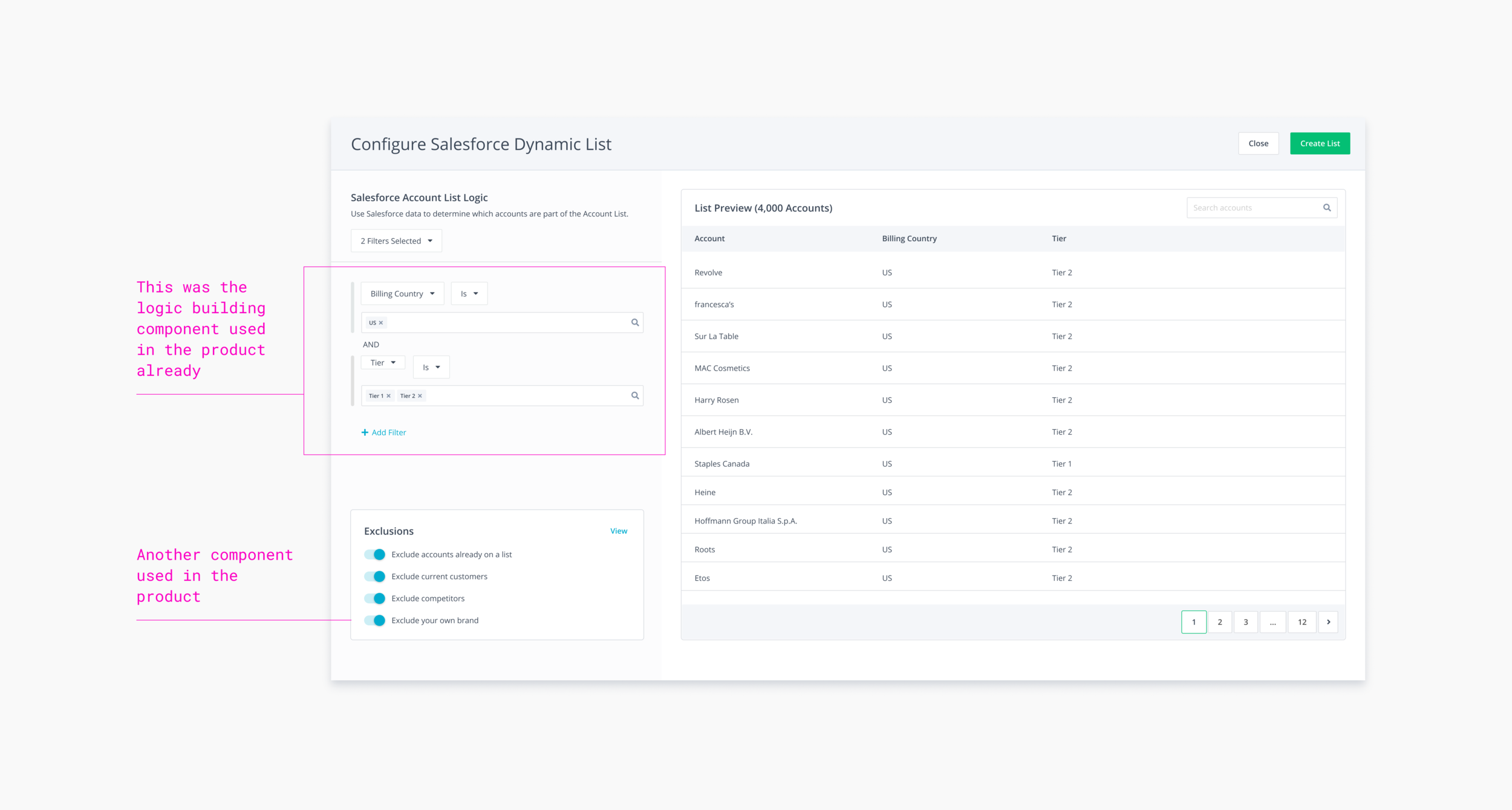 This was the final version of milestone 1. Users could add filters and we would pull accounts from their Salesforce that matched the filters.