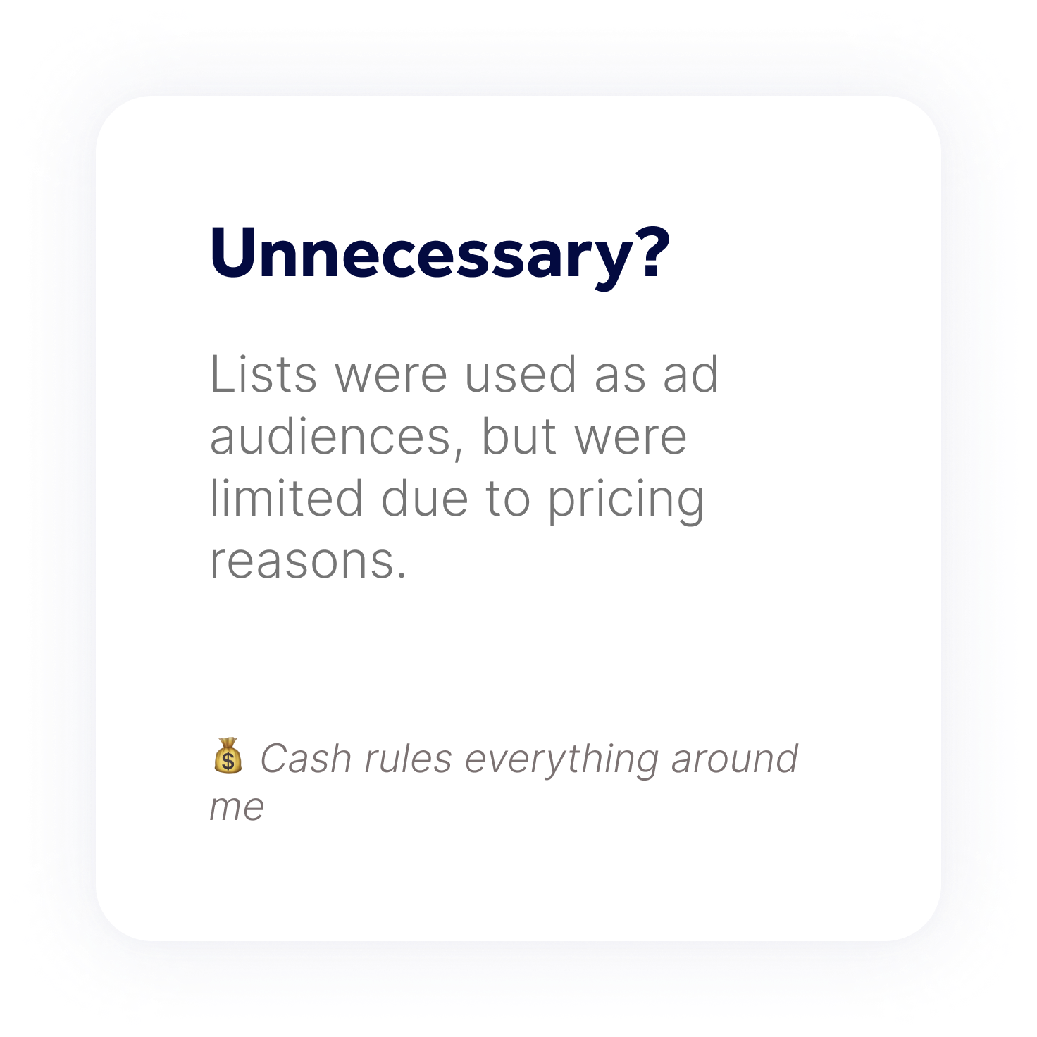 Lists were used as ad audiences, but were limited due to pricing reasons