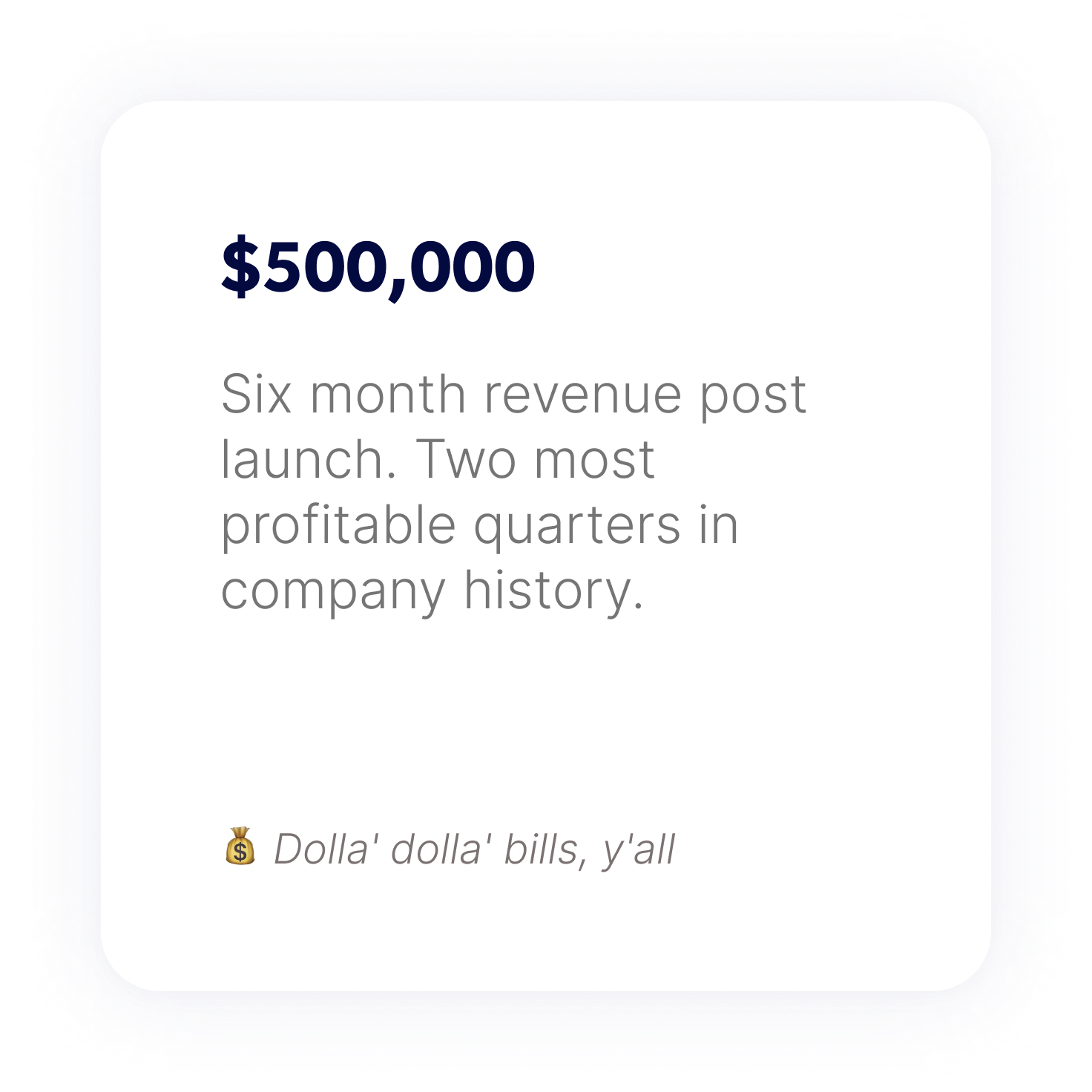 $500,000 Six month revenue post launch. Two most profitable quarters in company history.