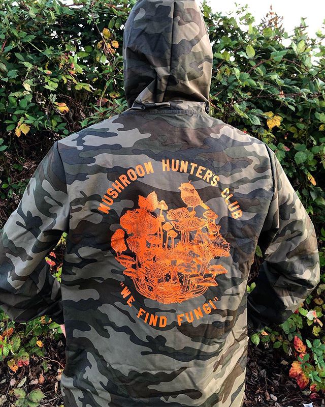 Our hand-drawn, hand-printed Mushroom Hunter&rsquo;s Club hooded coaches jackets are now available on our web store.  Jacket features snap front closures and is 100% waterproof nylon. Jacket features our &lsquo;Fungi Finder&rsquo; illustration with o