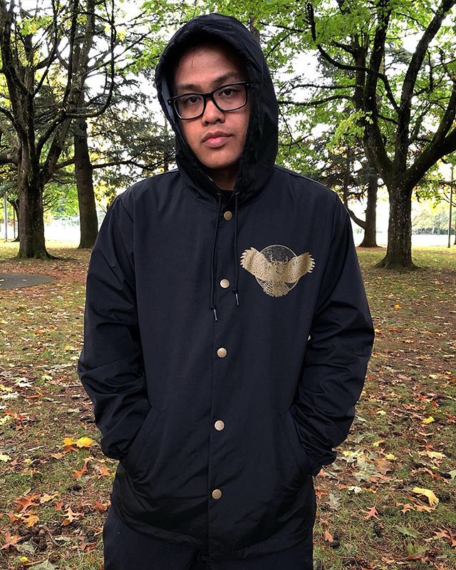 Our &ldquo;Great Horned Owl&rdquo; design in gold ink on a black hooded coaches jacket (100% waterproof). Hand-drawn and hand-printed in Portland, OR. .
.
.
#jungletelevision #jungtelly #streetwear #streetsyle #fashion #hiphop #hiphopfashion #hiphops