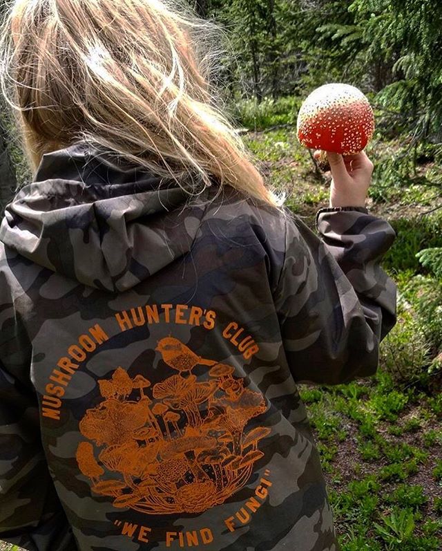 @meggrolls_ wore her Mushroom Hunters Club jacket finding fungi in the woods! Where do you wear your jungtelly? .
.
.
.
.
#jungletelevision #jungtelly #streetwear #streetsyle #fashion #hiphop #hiphopfashion  #handmade #handdrawn #handprinted #screenp