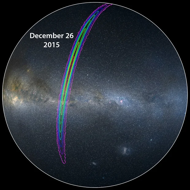 Image: LIGO, Axel Mellinger The colored lines show an approximation of where the signal came from in space. They are 90% certain it came from the purple area. As the colors proceed inward, the certainty is less, but it's a decent way of making a prediction where the black holes collided.