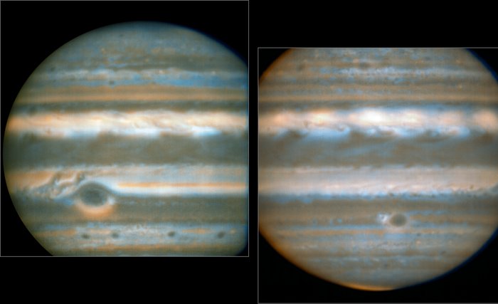 False color infrared images from ESO. The blue shows the cooler, cloud-free areas, orange is warm and cloud, the lighter areas are warm and cloud-free, and the darkest areas are cold and cloudy. Credit: ESO/L.N. Fletcher