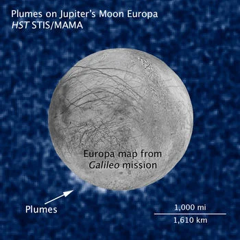 Composite image of Europa map from Galileo mission placed over Hubble image for more clarity. Via NASA.