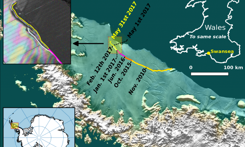 Progress of the Larsen C crack growth. The final cleave happened between July 10-12, 2017.
