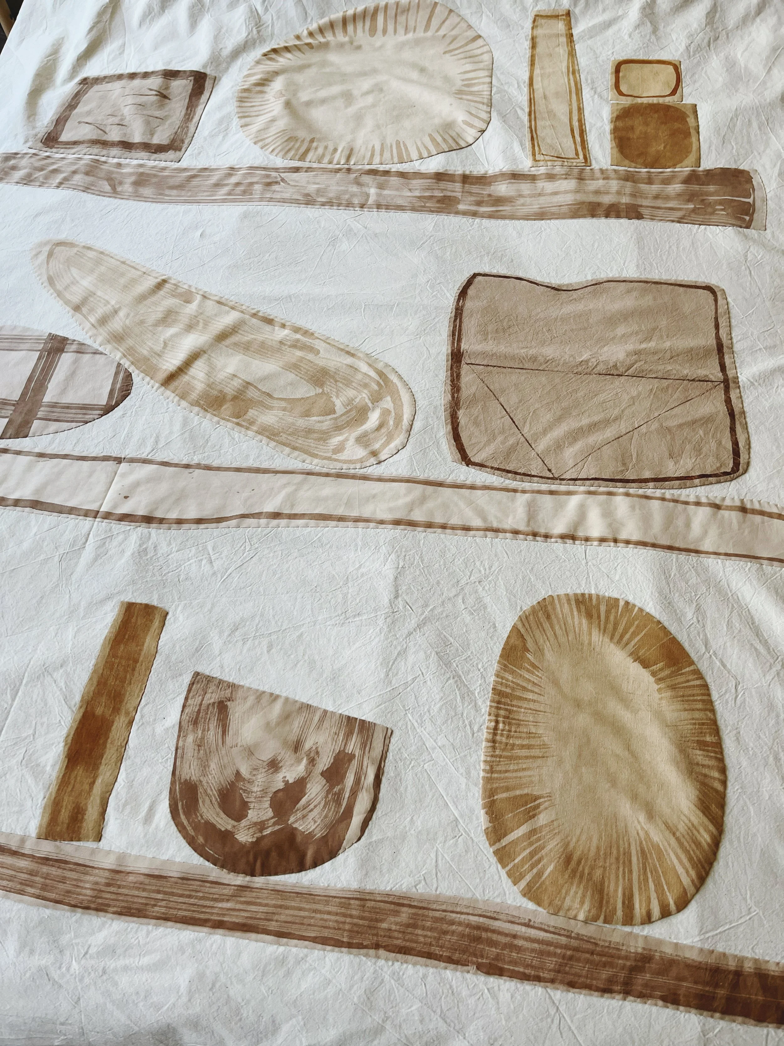 Contemporary quilt made from abstract forms, dyed with soy milk and tea by House of Quinn