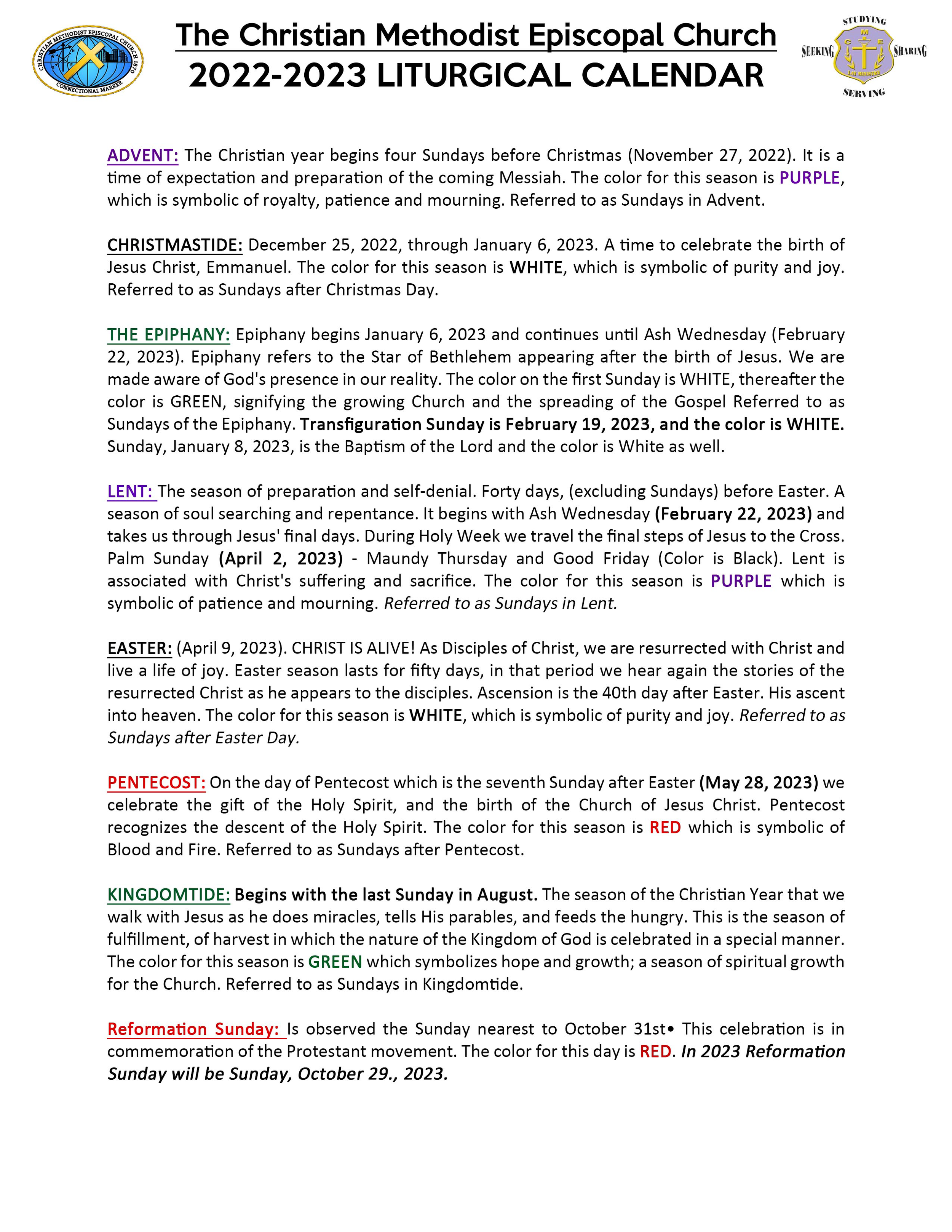 Liturgical Calendar — West End Tabernacle C.M.E. Church
