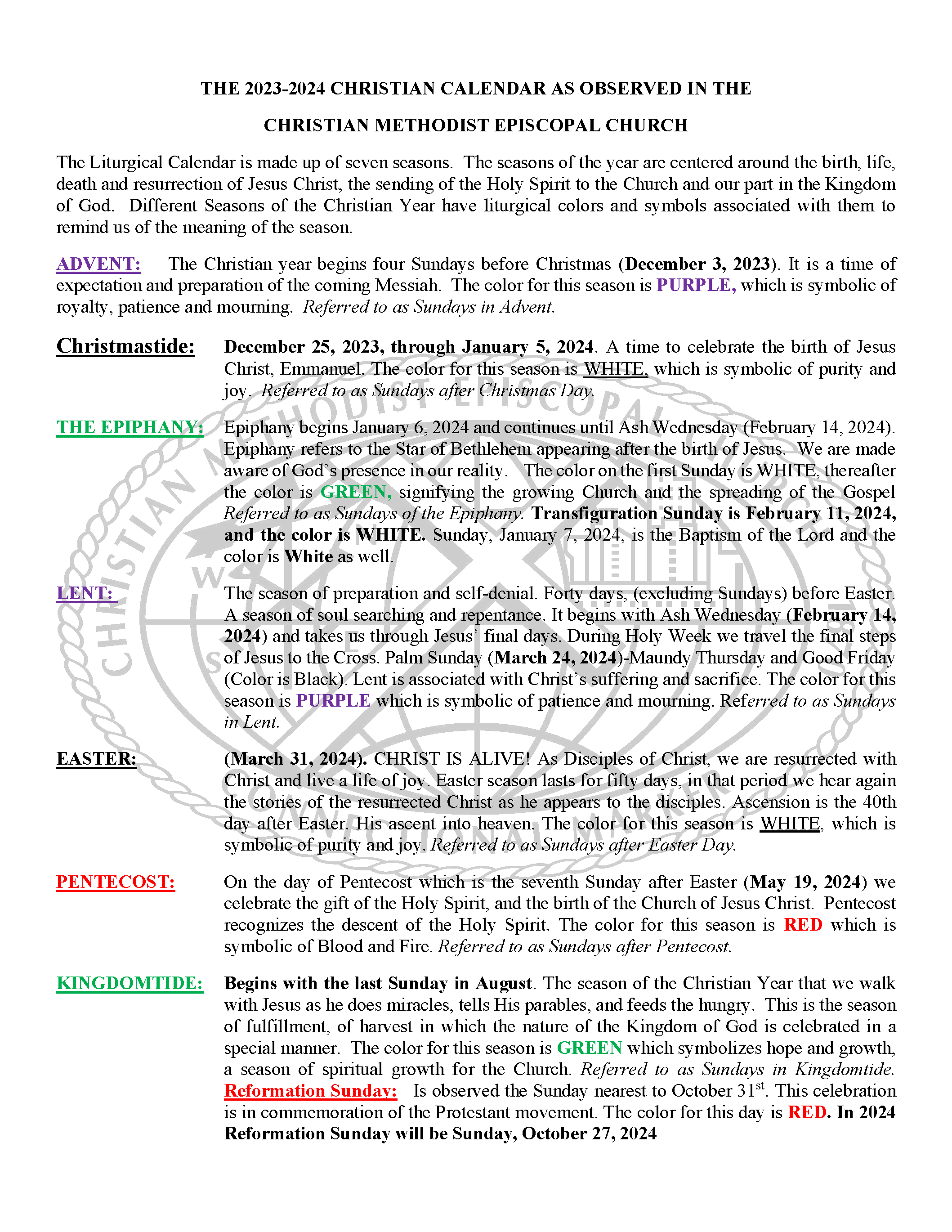 Liturgical Calendar — Harden Memorial C.M.E. Church