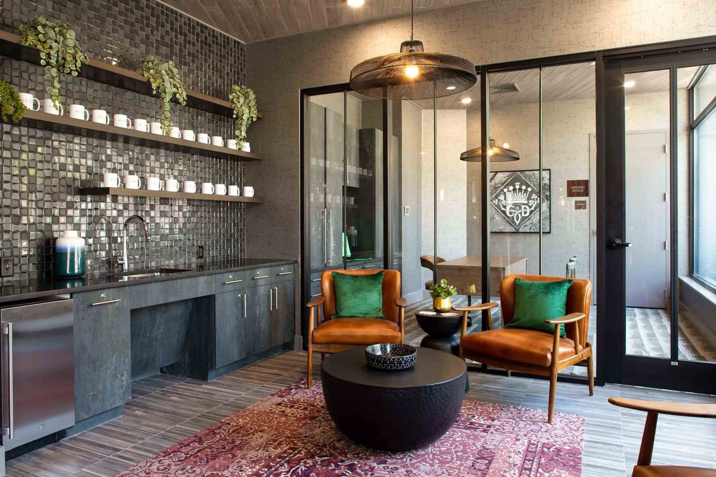 Residential amenity lounge with seating, kitchenette, and modern finishes photographed in Connecticut apartment building