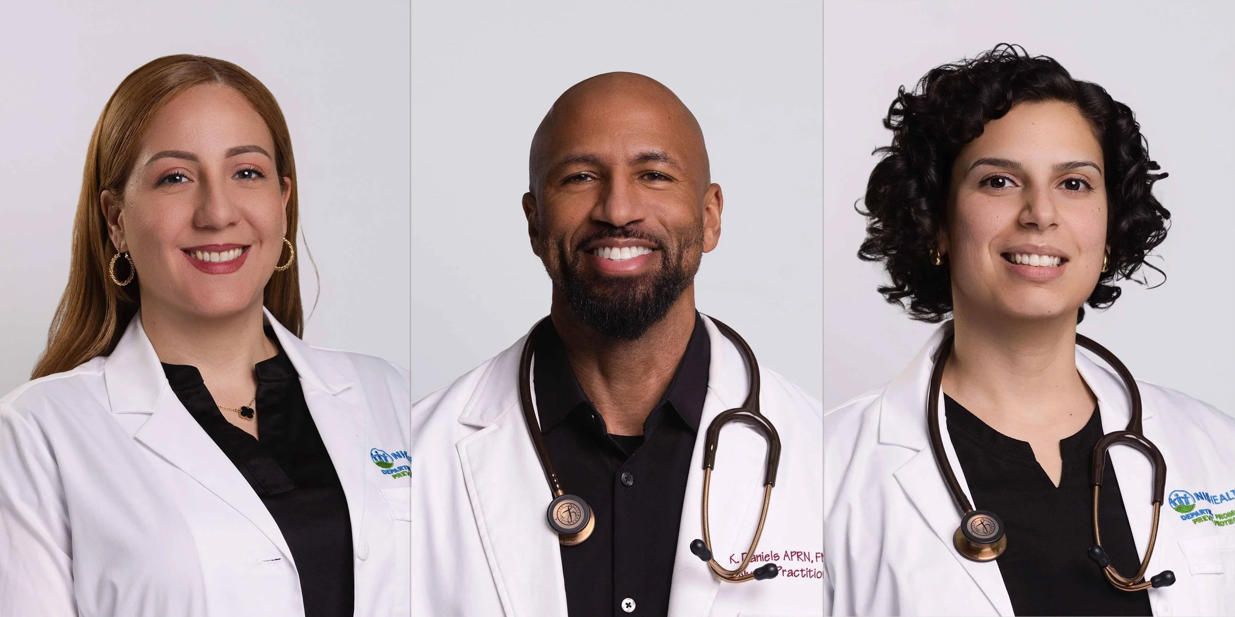 Three healthcare professionals photographed with consistent lighting and a white background during an corporate team headshot session in Connecticut.