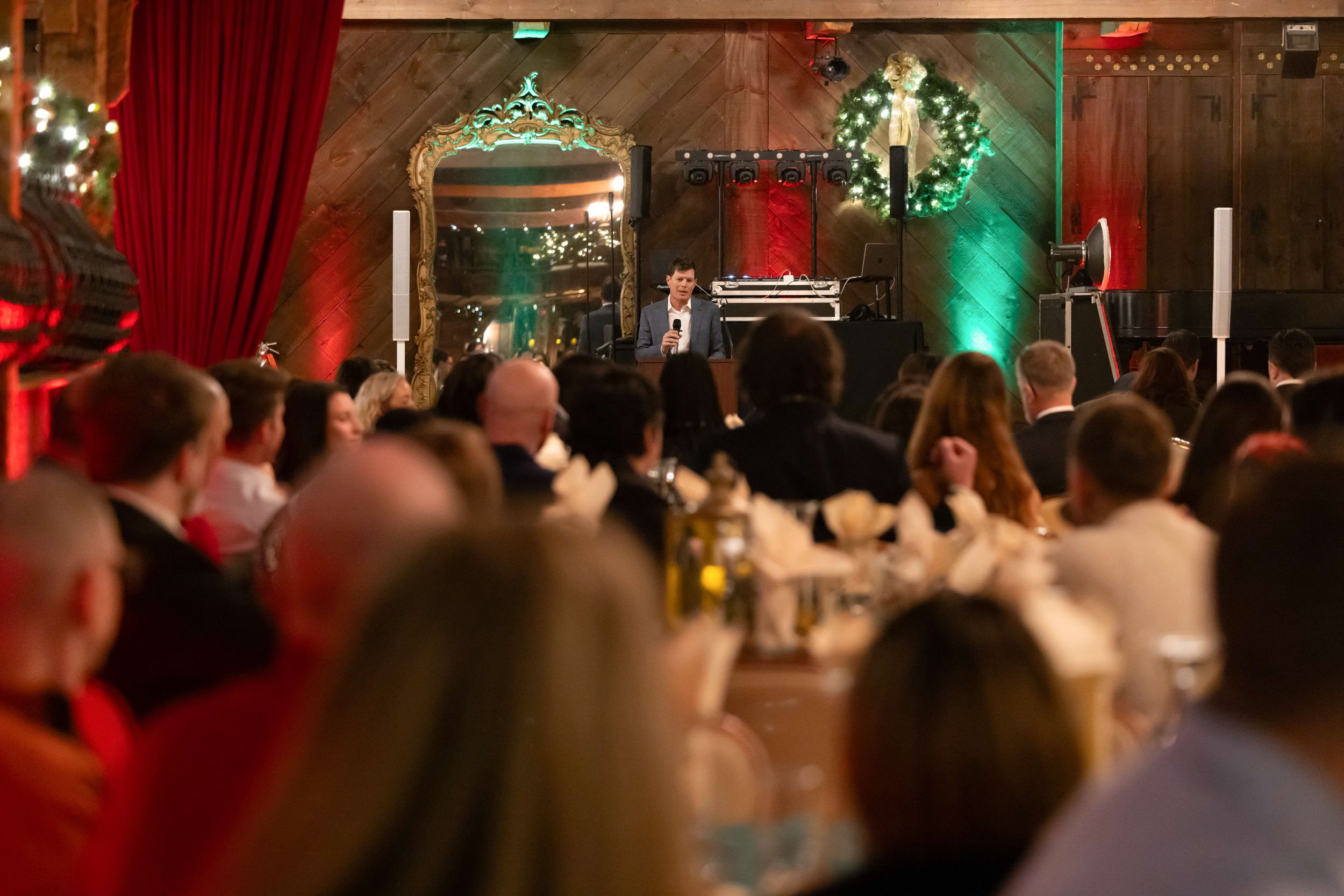 David Vieau, addressing Turnbridge employees at a holiday party at Bill Miller's Castle