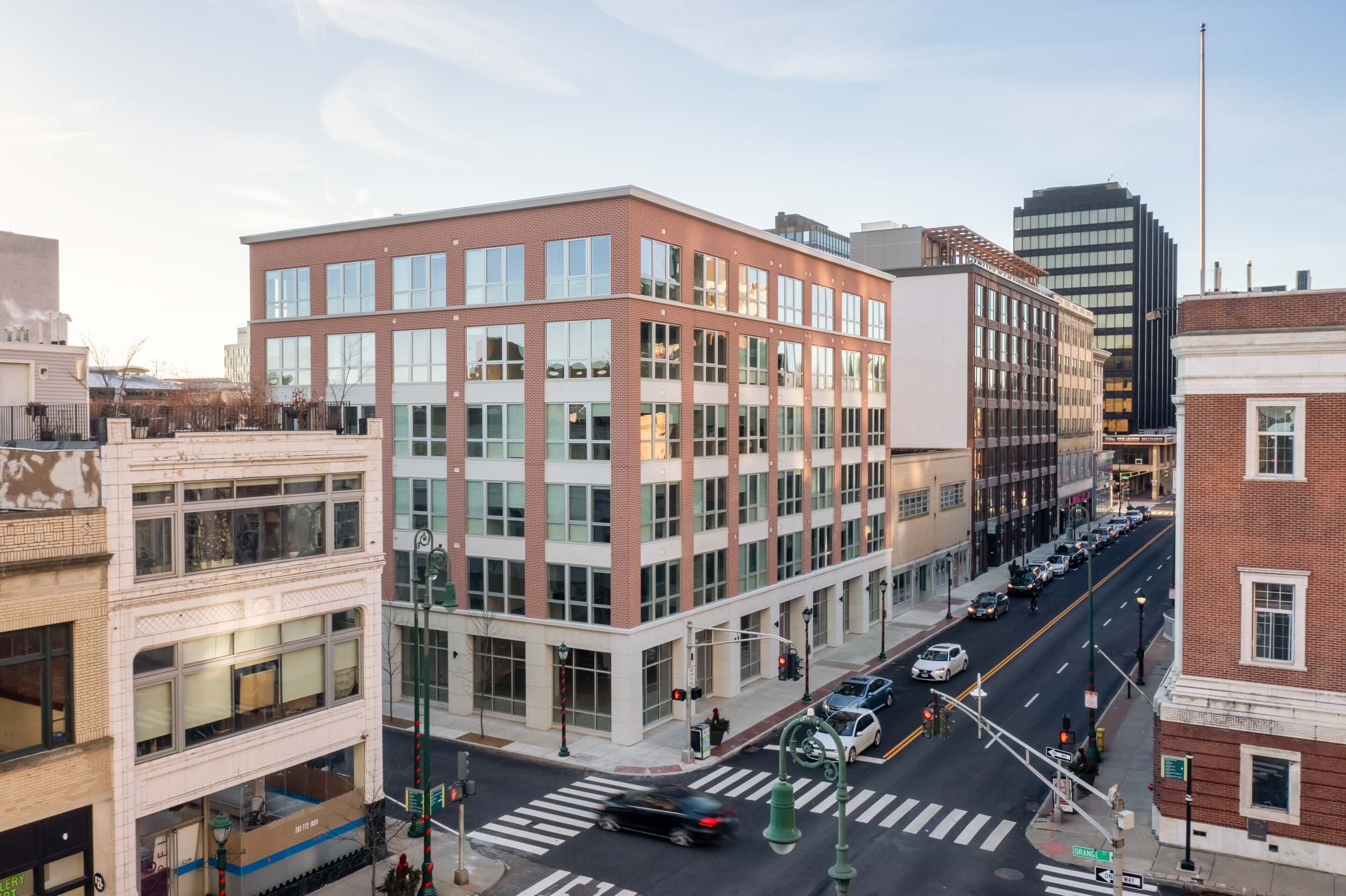 New Haven streetscape with mixed-use building and city intersection photographed in downtown Connecticut