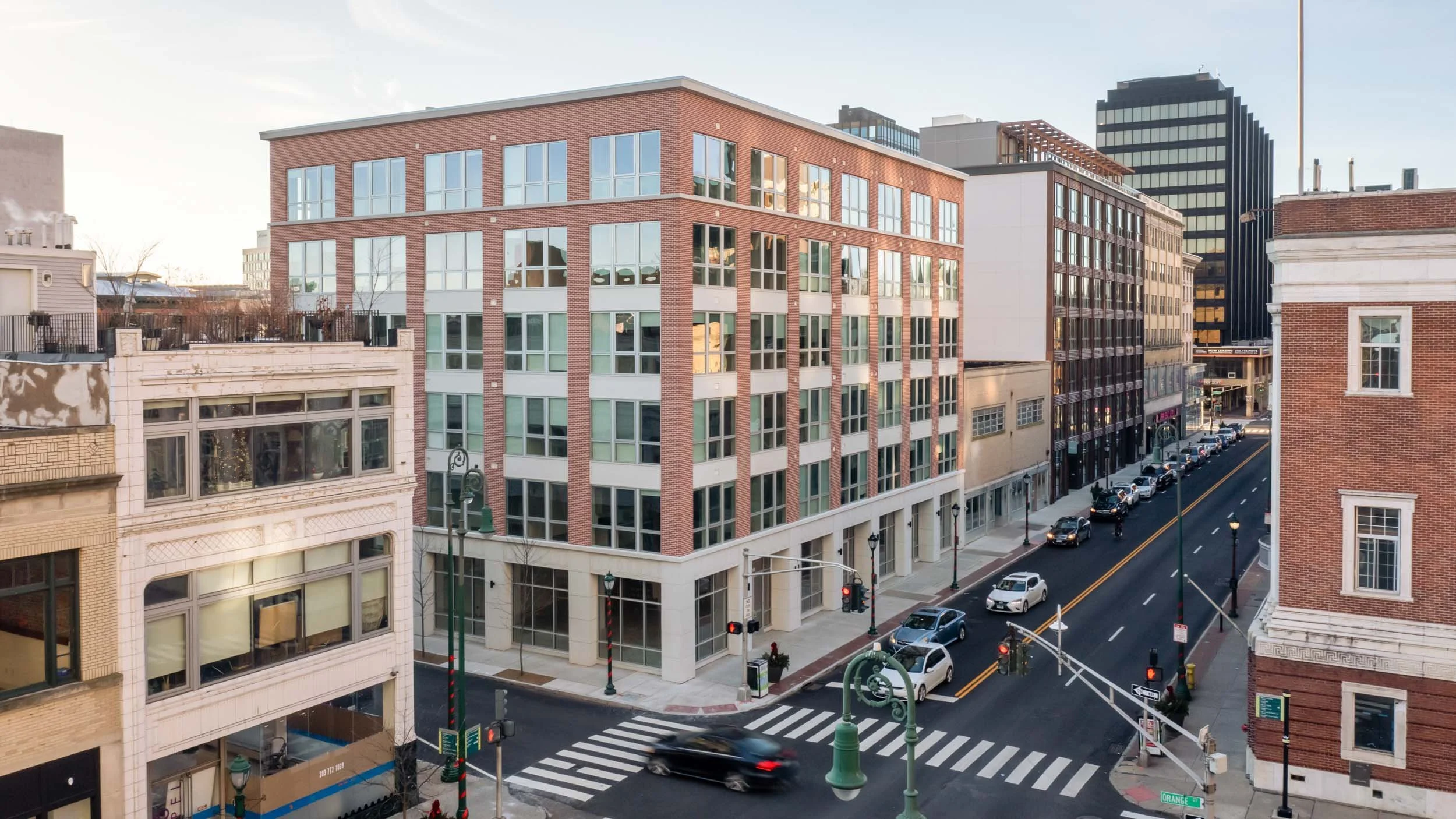 Aerial photograph of the Archive building with downtown New Haven, Connecticut in the backgroun