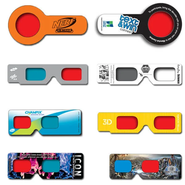 3D Glasses Hand Held Viewers    Can be made with any lens configuration and has no temple stems. Perfect for direct mail campaigns, binding into publications and for  in-pack and on-pack promotions.