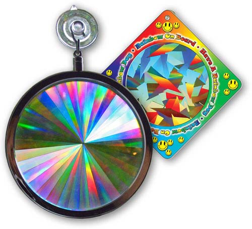 Axicon Rainbow Window Sun Catcher Your Axicon Rainbow Window Sun Catcher™ state-of-the-art Holographic Prism starts with laser technology and ends with pure spectral color. Hanging from a window in DIRECT SUNLIGHT, your Axicon Rainbow Window Sun Catcher will transform the sunlight light into an explosion of multiple hues. 4” Diameter, laminated glass prism mounted in a silver finished chrome frame. Comes with a vinyl rubber suction cup for easy hanging. Includes a "Rainbow on Board" Sun Catcher...Free! Shop Here