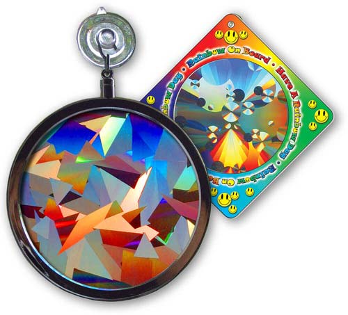 Crystal Rainbow Window Sun Catcher Your NEW Crystal Rainbow Window Sun Catcher™ state-of-the-art Holographic Prism starts with laser technology and ends with pure spectral color. Hanging from a window in DIRECT SUNLIGHT, your Crystal Rainbow Window Sun Catcher will transform the sunlight light into an explosion of multiple hues. 4” Diameter, laminated glass prism mounted in a silver finished chrome frame. Comes with a vinyl rubber suction cup for easy hanging. Includes a "Rainbow on Board" Sun Catcher...Free! Shop Here