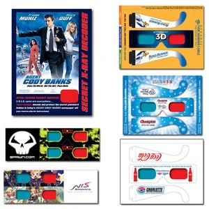 3D Glasses - Bind-In    The right choice when special requirements concerning price, format and space are the consideration. They can be made with any lens configuration and a full range of print options. Used primarily for direct mail campaigns, in-pack promotions and inserts for publications and magazines.