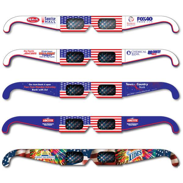 American Flag Fireworks Glasses®     Patriotic Red, White and Blue flag design. Ideal for 4th of July celebrations and events, with special areas set aside for your message or logo.