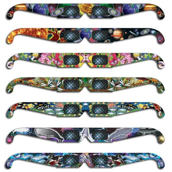 Rainbow Glasses®View your world in bright new colors... The rainbow bursts will amaze you! Rainbow Glasses®are printed in a variety of full color graphics with educational information about light and color printed on the backside.