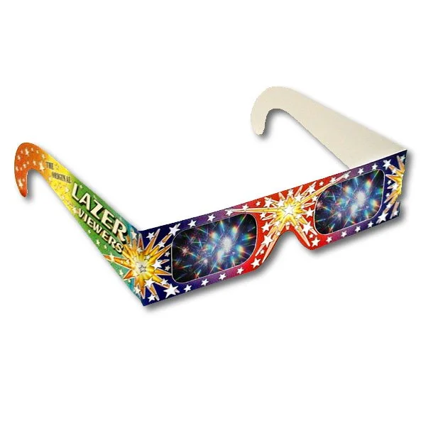 Lazer Viewers™ - Fireworks Glasses®Holographic diffraction grating lenses that breaks light into the spectrum or rainbow starbursts. For viewing fireworks displays, laser light shows, holiday and city lights and for the study of light and color.