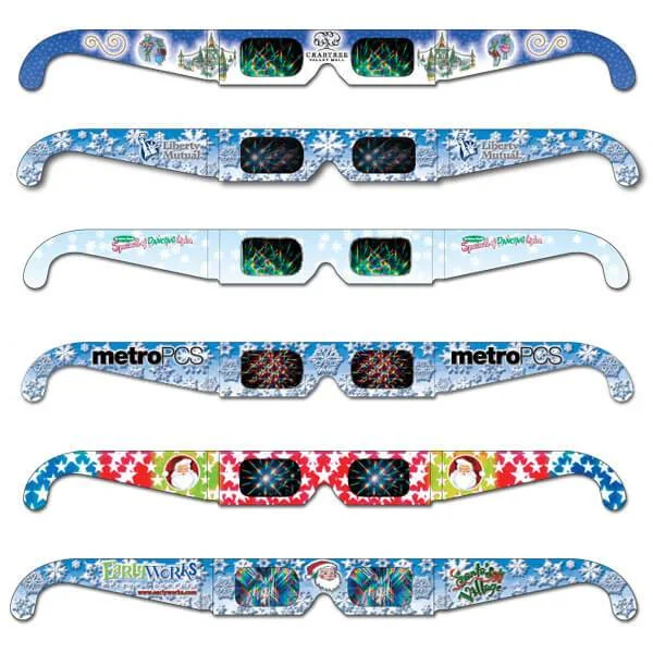 Holiday Glasses ® View your world in bright new colors! Holiday Rainbow Glasses ® are an exciting addition to Festival of Lights Celebrations, Fireworks Shows, Holiday Light Exhibitions and Laser Light Shows everywhere. Specially treated holographic lenses turn every dot, dash and twinkle of light into a cascade of shimmering rainbow colors. The rainbow bursts will amaze you!