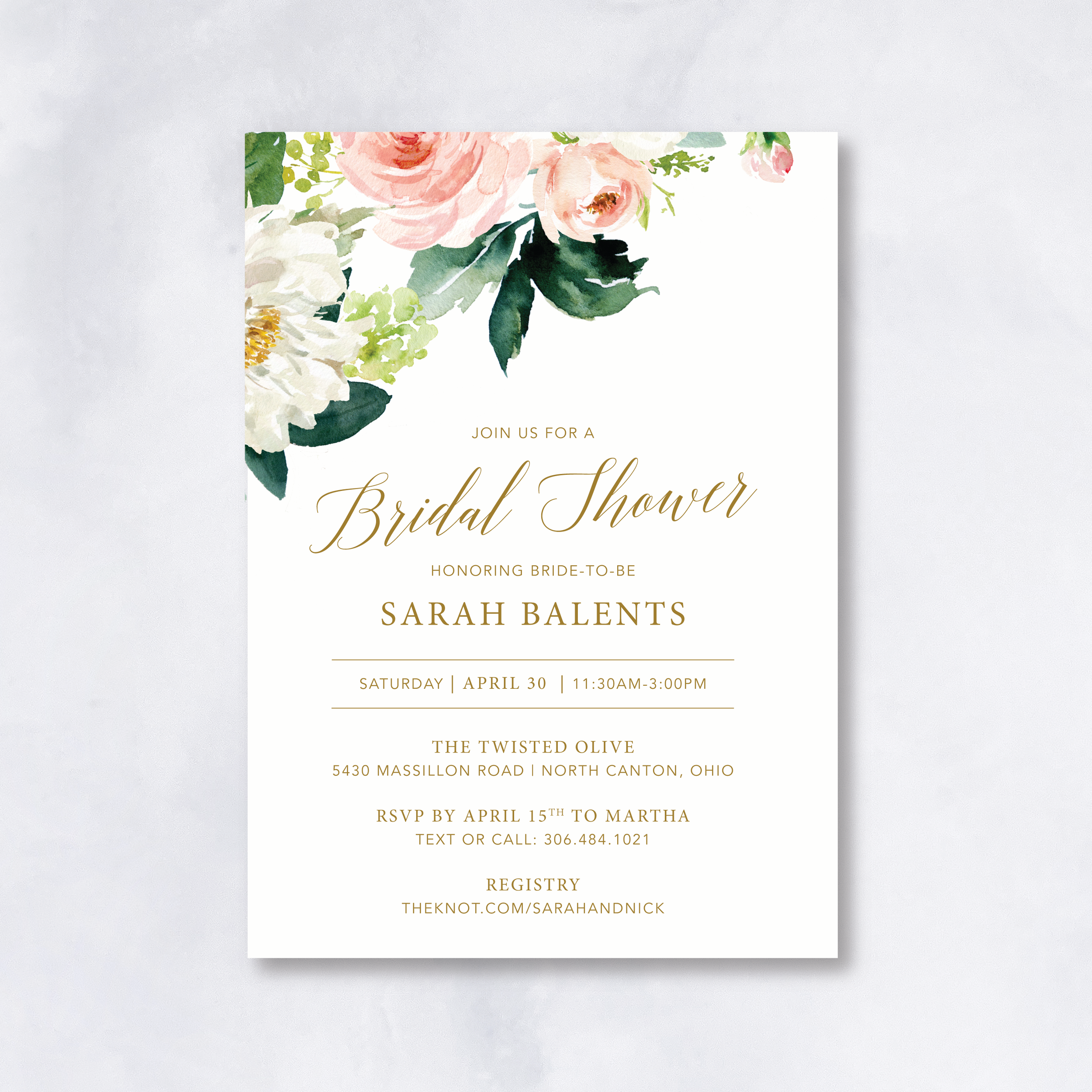 Blush and Gold Floral Bridal Shower Invitation