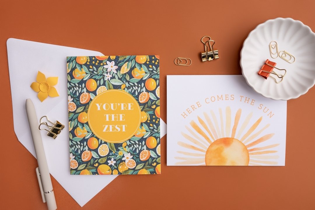 The sun &amp; citrus - two of my favorite things! ☀️🍋Both of these cards are perfect for many uses and great to have on hand. Shop our greeting card collection on the website or visit our shop on Faire for wholesale. The website shop has been update