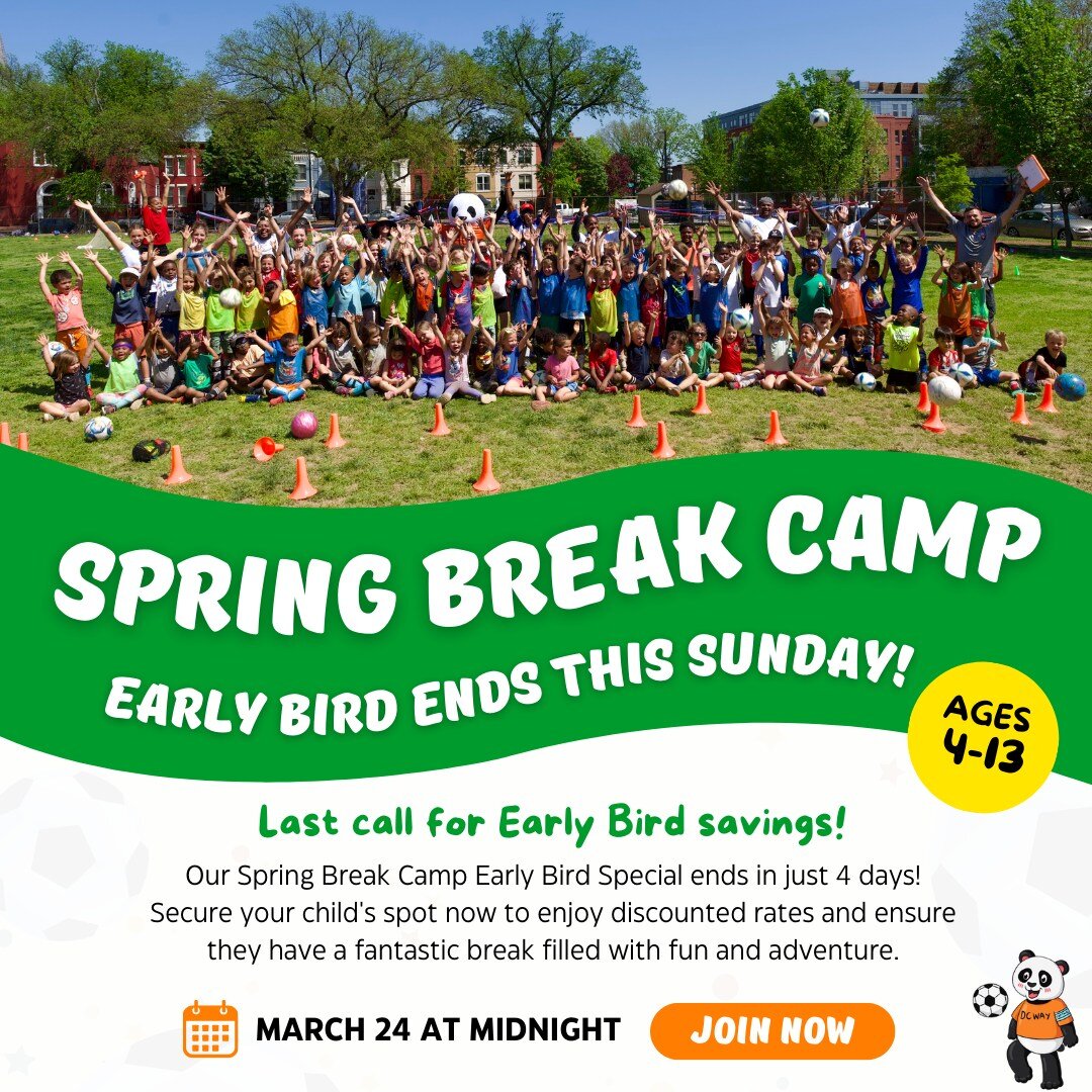📢 Attention parents! Only 4 days left to seize the savings... 🐦 Our Spring Break Camp Early Bird Special is ending soon! ⚽️ 

👉 Spring Break Camp: Chisholm (Tyler) E. S. and Ludlow-Taylor E. S.
👉 Brazilian Way Spring Break Camp: The RFK Fields
👉