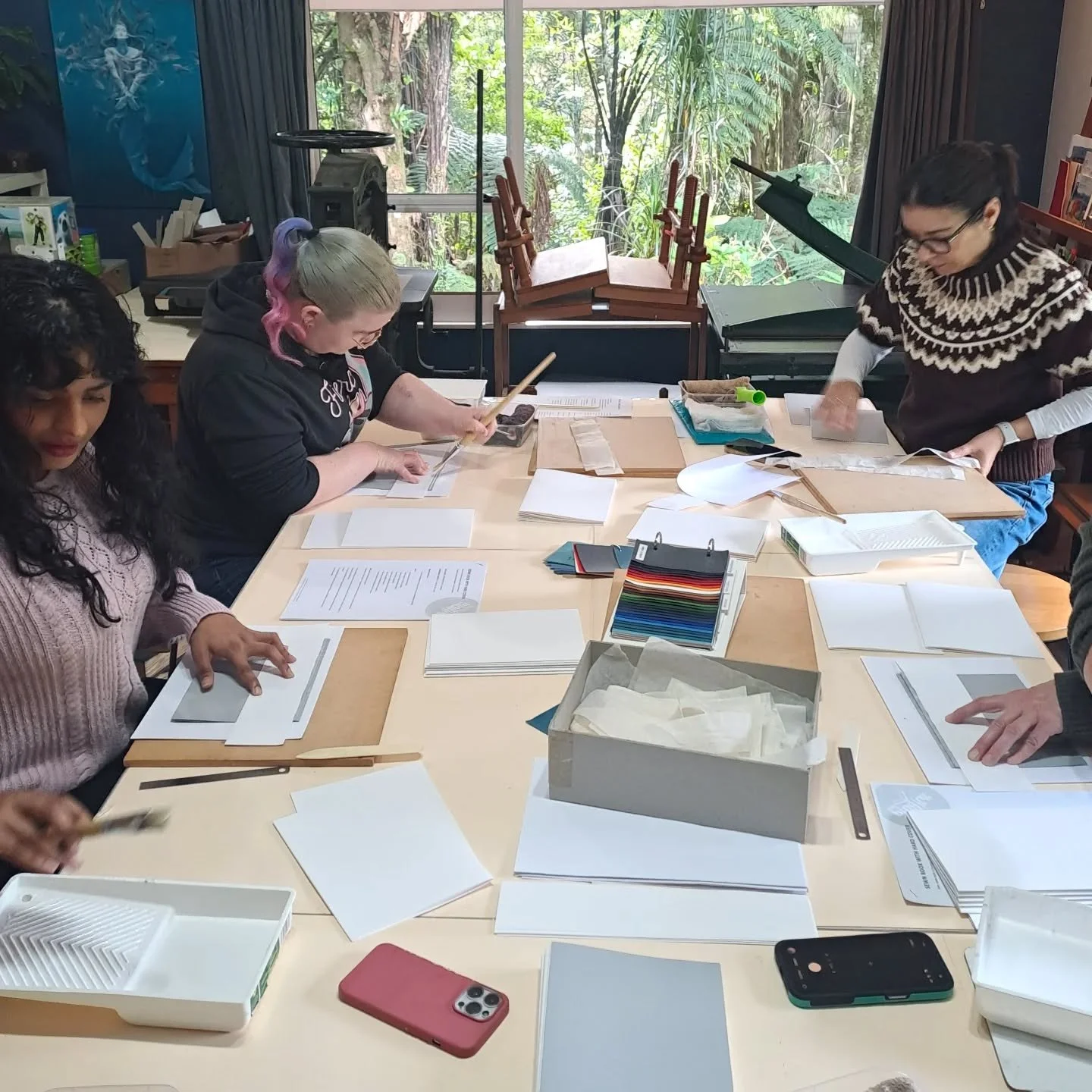 The way these workshops come together- with like minded people making books, is pretty special!

Such a great group today. All 4 did a spectacular job making a section sewn book with a hard cover. Folding pages, tipping on endpapers, stabbing holes, 