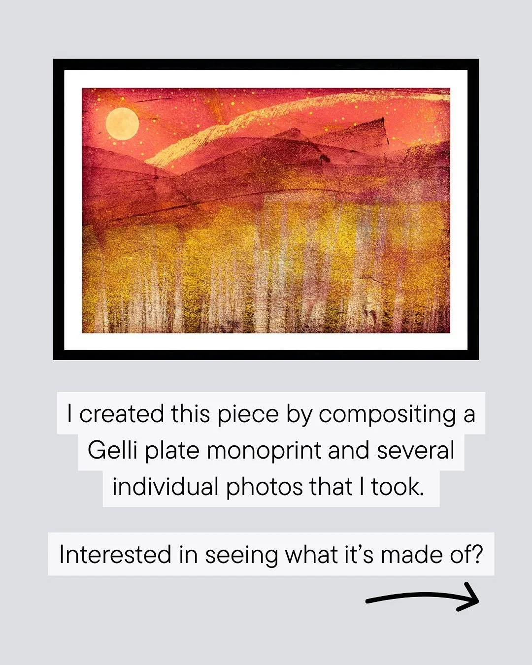 I have some Gelli plate monoprints that didn’t quite stand alone by themselves, and I wanted to see if I could build on them and make something that I liked by photographing the monoprint and then layering photos that I had taken on top of it.