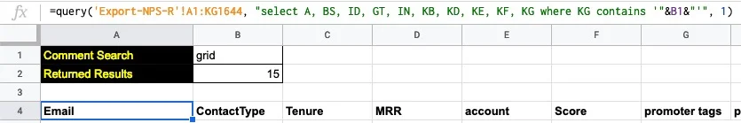 In the example above the search term is pulled in from cell B1 in the current sheet and cell B2 shows how many rows are returned.