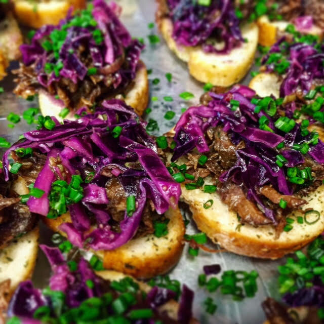 Pulled Pork on Crostini with Purple Cabbage