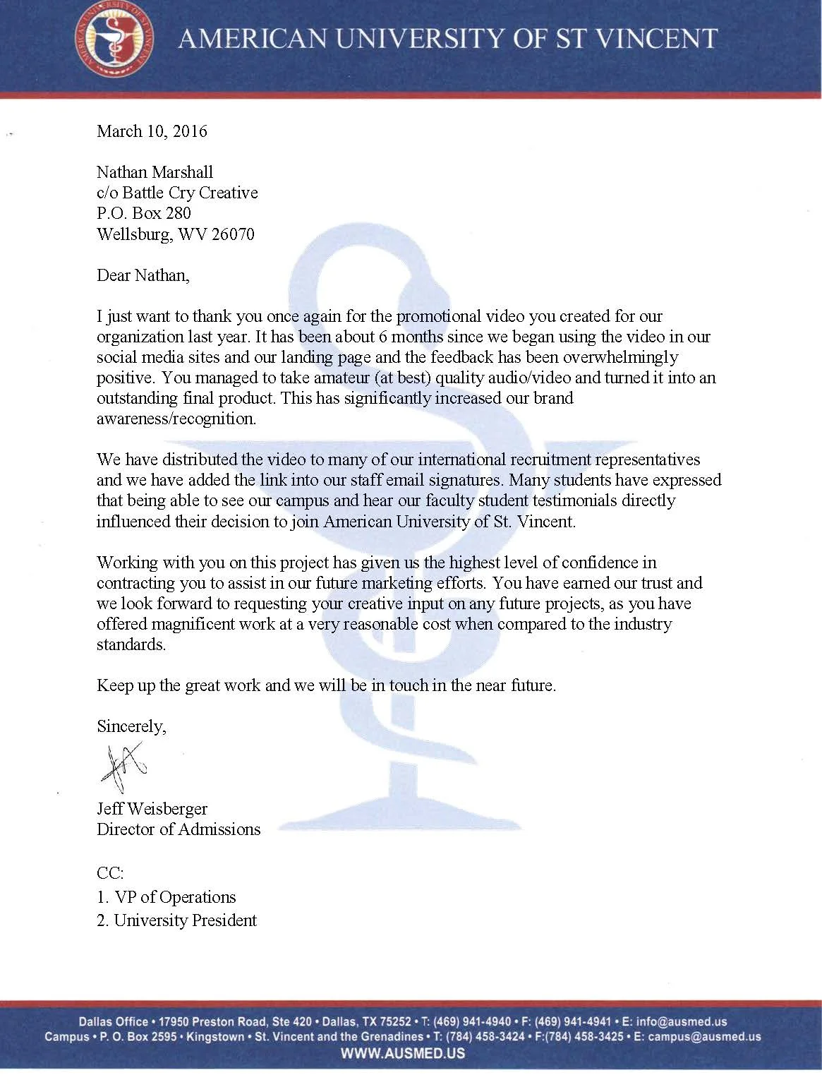 A LETTER OF APPRECIATION FROM THE UNIVERSITY
