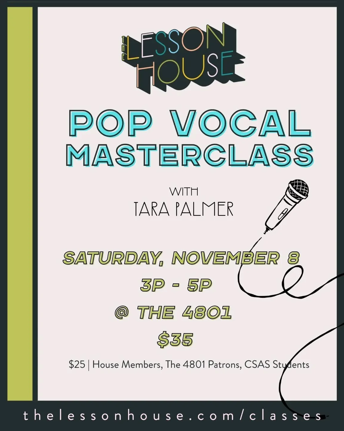POP VOCAL MASTERCLASS!
1 Day Workshop

Students will prepare a contemporary song of any genre to workshop with Tara Palmer in front of the group so that observers can learn in a real-time coaching setting! Main areas of focus are musicality and style